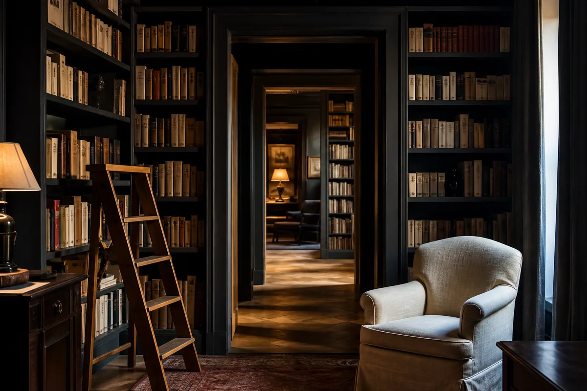Bibliothèque domestique aux étagères pleines de romans classés