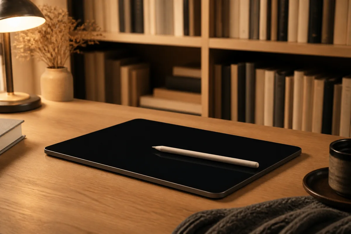 Main tenant un stylet au-dessus d&rsquo;une page annotée sur une tablette de lecture