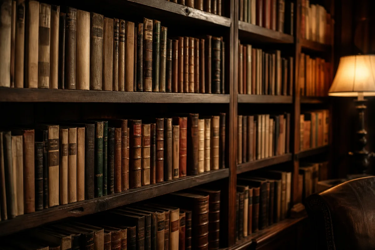 Rayonnages anciens d&rsquo;une bibliothèque patrimoniale avec des reliures de cuir