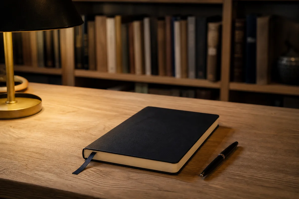 Carnet de lecture ouvert avec un marque-page et un stylo posés sur une table
