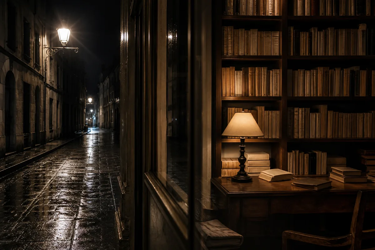 Rue mouillée éclairée par un réverbère dans une ambiance nocturne de roman noir