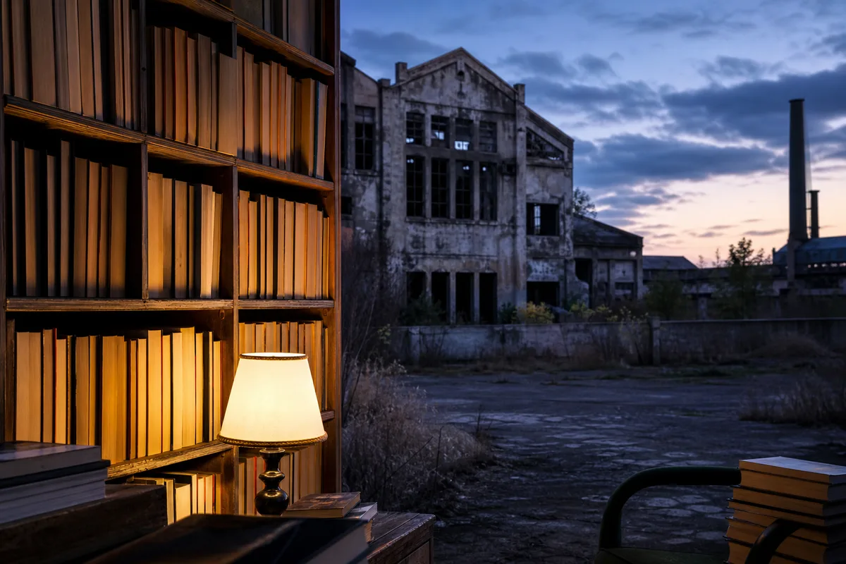 Vue d&rsquo;une friche industrielle au crépuscule avec des bâtiments désaffectés