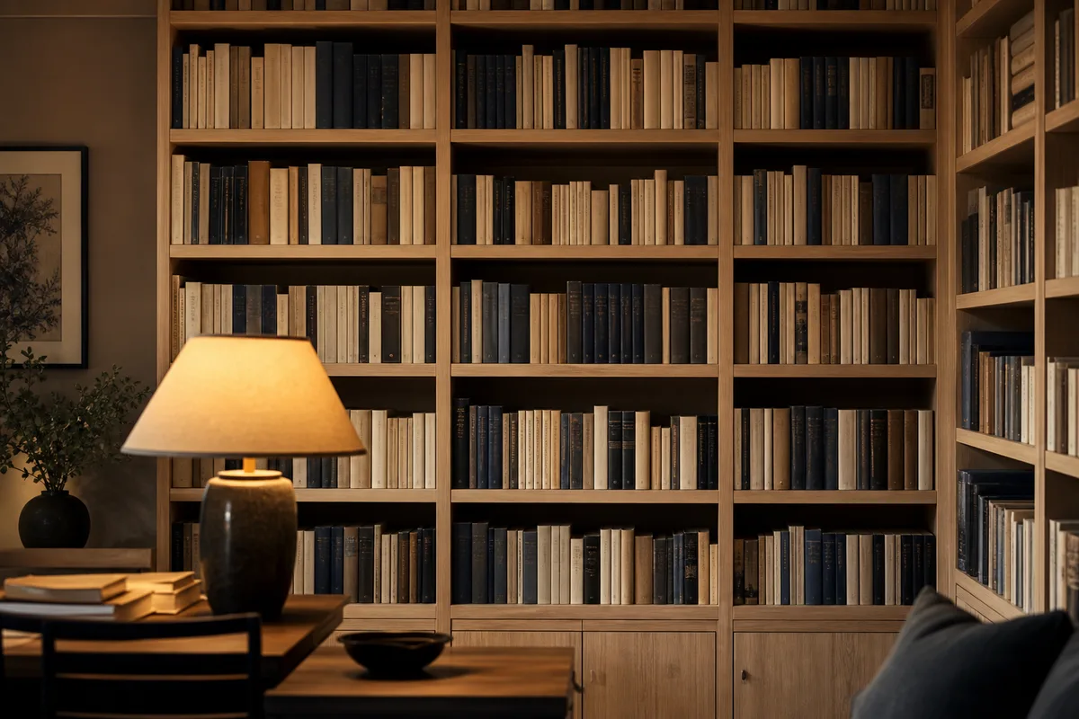 Bibliothèque murale en bois clair remplie de livres soigneusement alignés