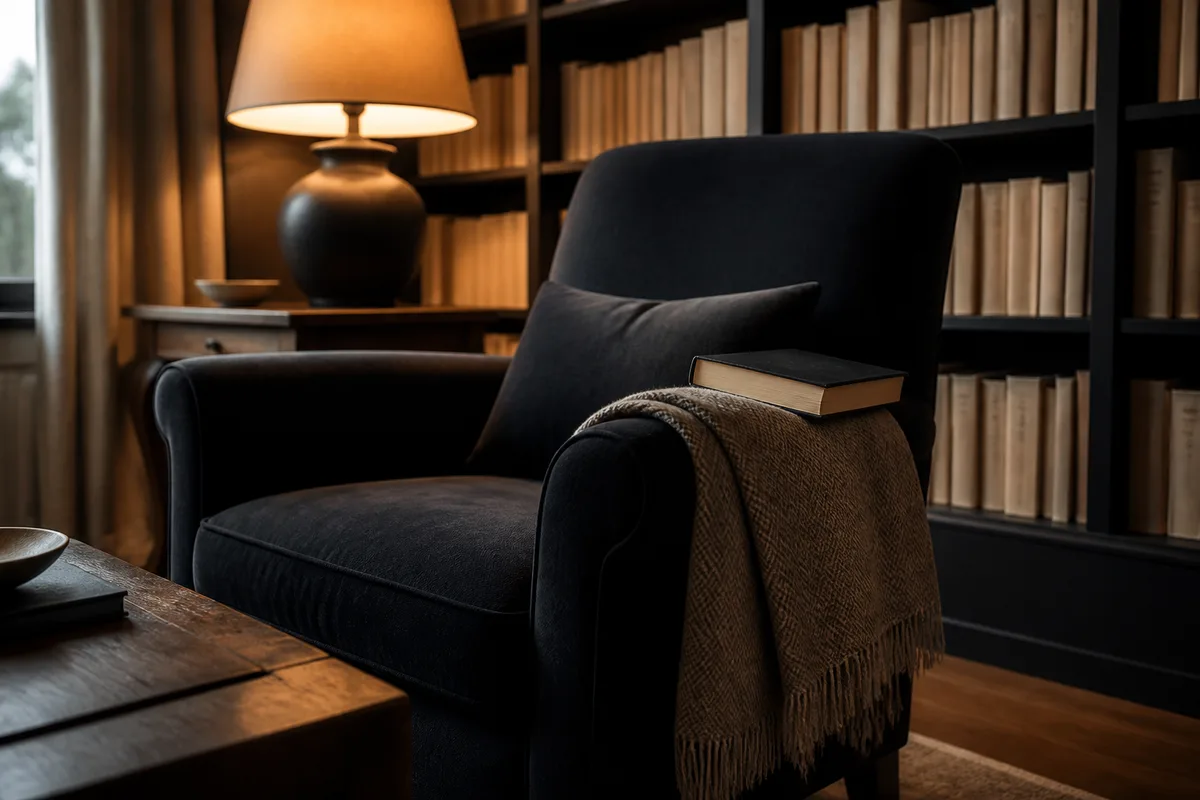 Personne lisant un roman confortablement installée dans un fauteuil avec un plaid